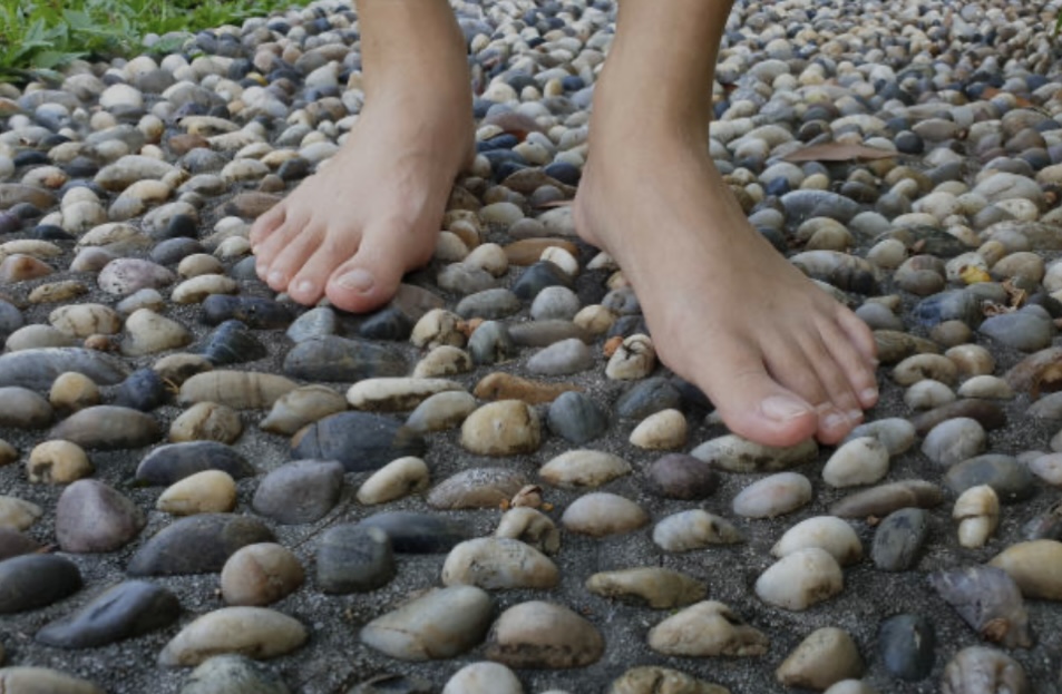 Close-up of feet on a reflexology path of stones